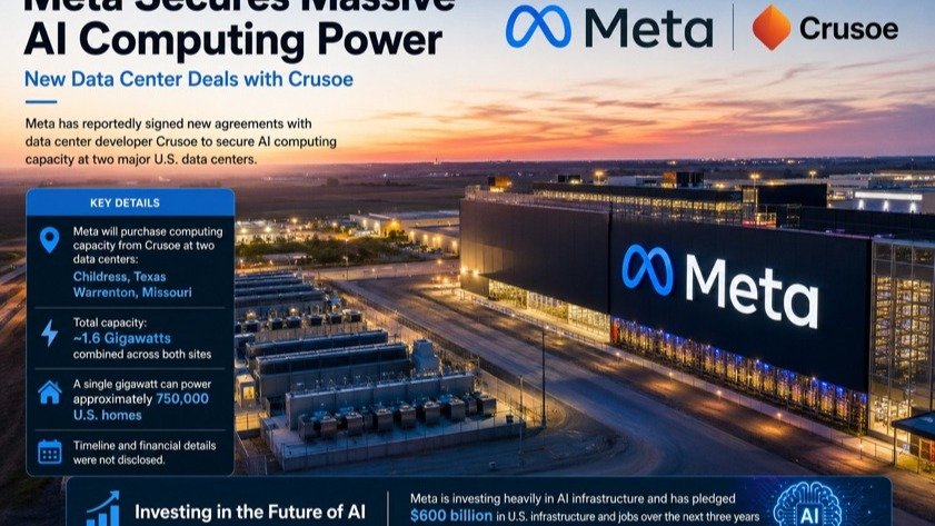 Meta signs new AI computing deals with data center firm Crusoe, Bloomberg News reports.